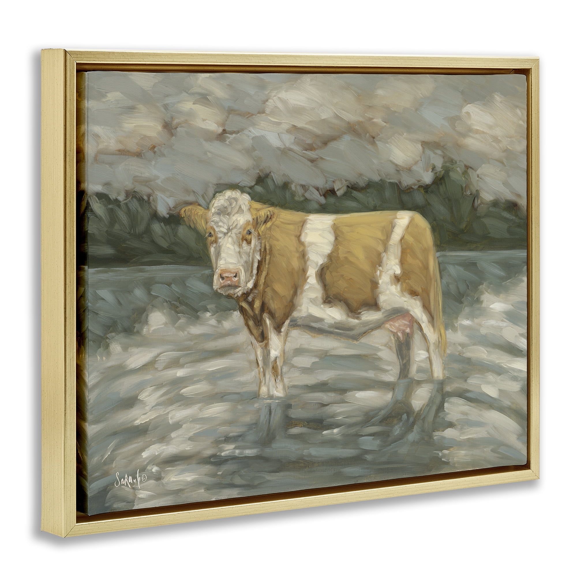 Stupell Industries Cattle Wading in Shore Animals Painting Gold Floater Framed Canvas Art Print Wall Art, 31 x 25