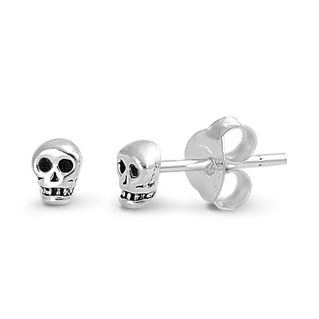 SilverCloseOut Aretes Pequeños con Forma de Calavera para Mujer en Plata de Ley - 4 Mm