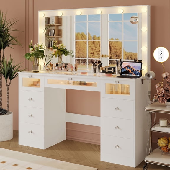 White Hollywood Vanity Table with Lighted Mirror, Power Outlet, Tempered Glass Top, 9 Drawers & LED-Lit Cabinets for Bedroom