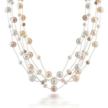 Multi Strand Freshwater Pearl Necklace - Multi Strand Fishing Line Off White Pale Pink Freshwater Cultured Pearl Illusion Necklace For Women For Wedding For Prom