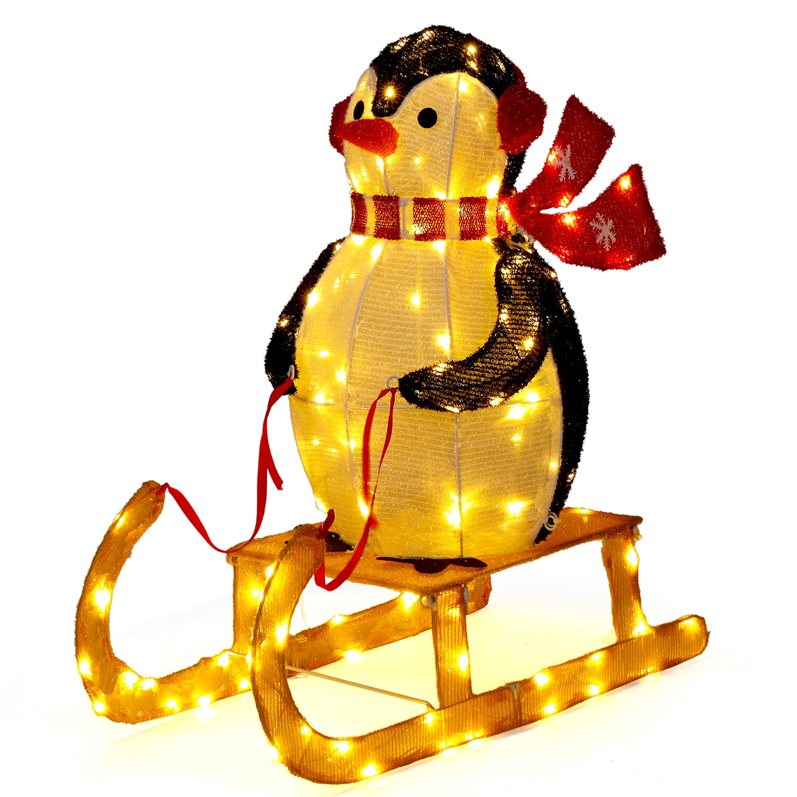 Astoutdoor Lighted Penguin Riding Sleigh Christmas Decoration, Pre-Lit with 130 Warm White LED Lights, Indoor Outdoor Holiday Display, White