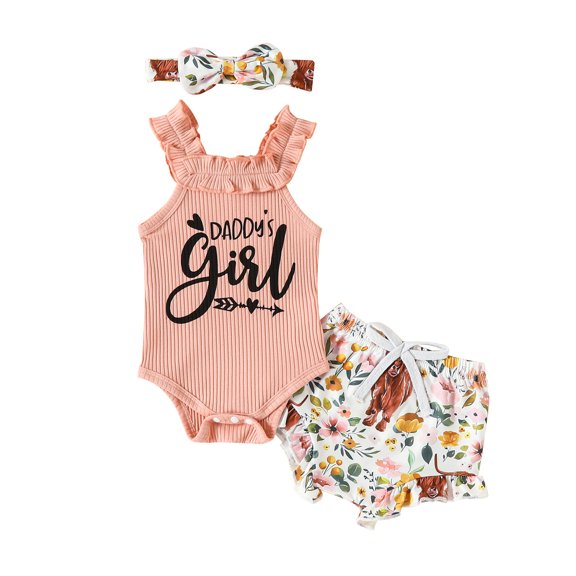 Newborn Baby Girl Outfits, Sleeveless Romper Cow Floral Print Pants Headband Set