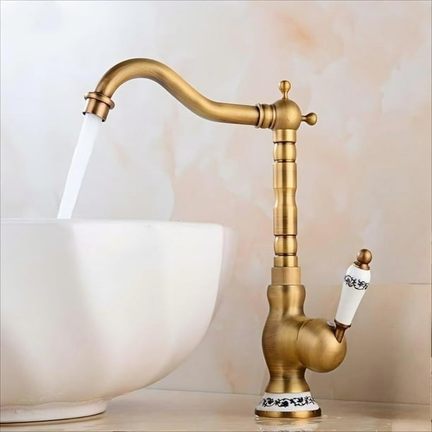 Grifo Vintage de Latón Antiguo con Porcelana Azul y Blanca, Con Mangueras y Otros Accesorios, Grifo Monomando de Cuello Largo para Baño/Cocina, Fregadero de Agua Fría y Caliente (ALTO)