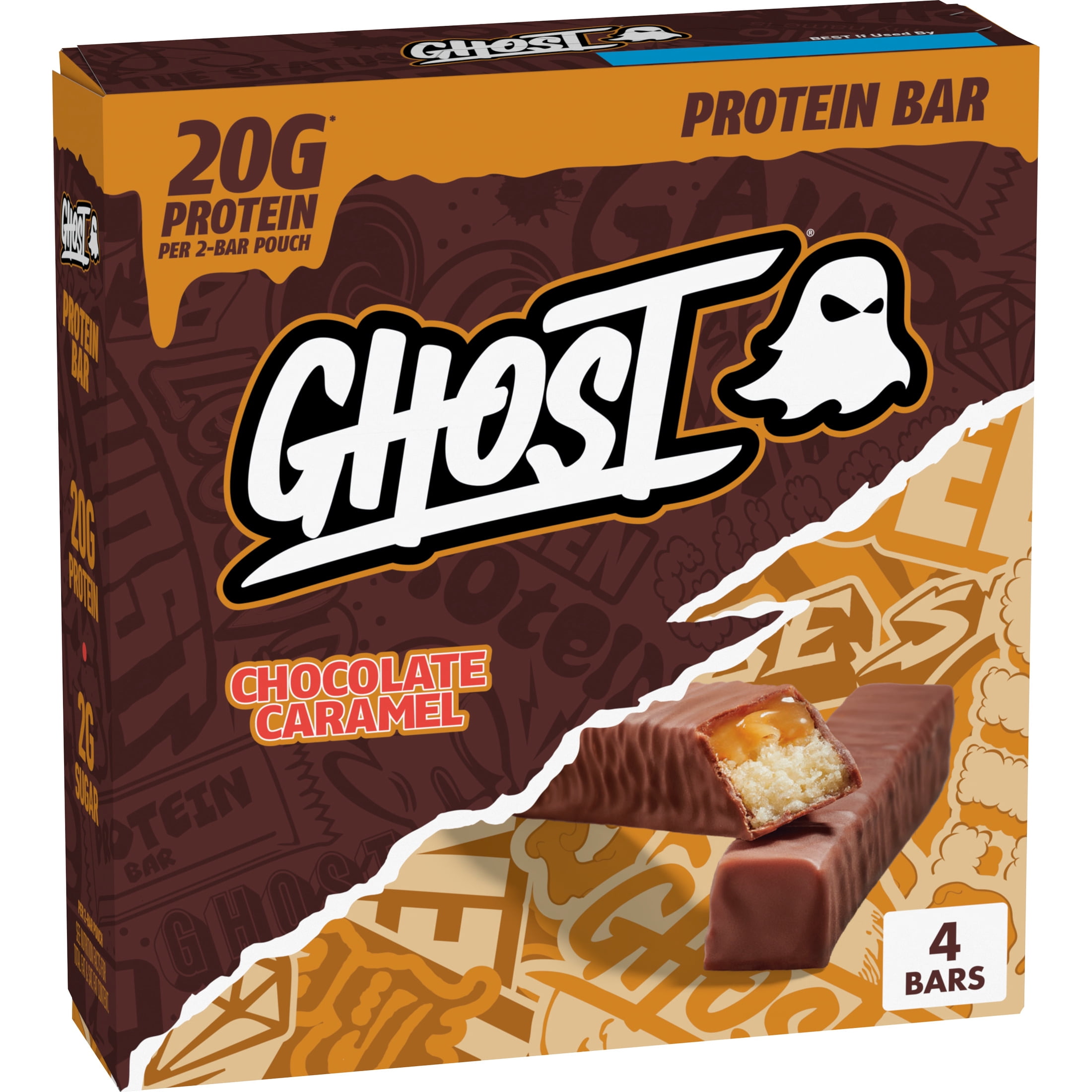 (8 pack) GHOST PROTEIN BAR, CHOCOLATE CARAMEL Flavor, 20G Protein, 2G Sugar, 4 Ct, 9.2 oz
