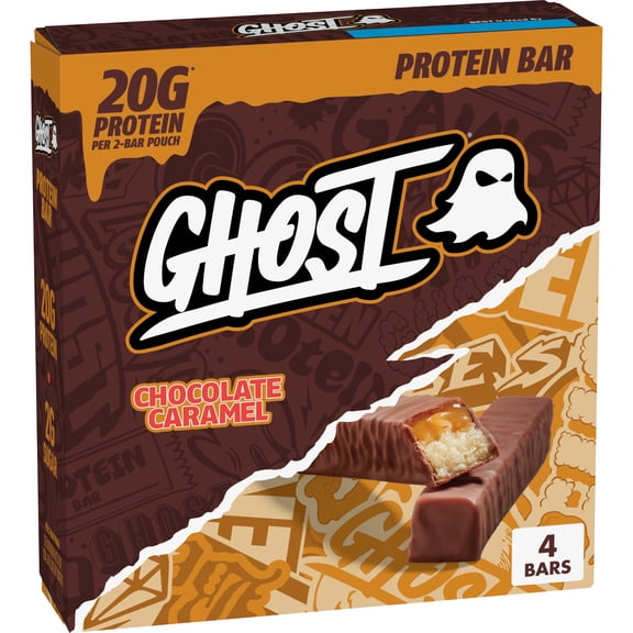 GHOST PROTEIN BAR, CHOCOLATE CARAMEL Flavor, 20G Protein, 2G Sugar, 4 Ct, 9.2 oz
