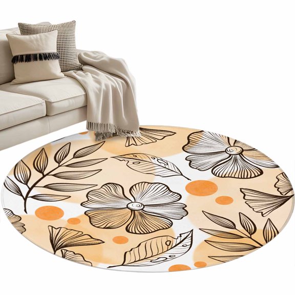 Orange Floral Fall Round Area Rug 4 FT, Non Slip Indoor Outdoor Rug, Thanksgiving Botanical Maple Leaf Washable Soft Circular Carpet Non-Shedding Floor Mat for Coffee Table Nursery Foyer Balcony