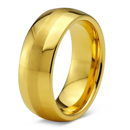 18k gold band dome lifetime 8mm brushed guarantee polished plated comfort ring yellow round tungsten