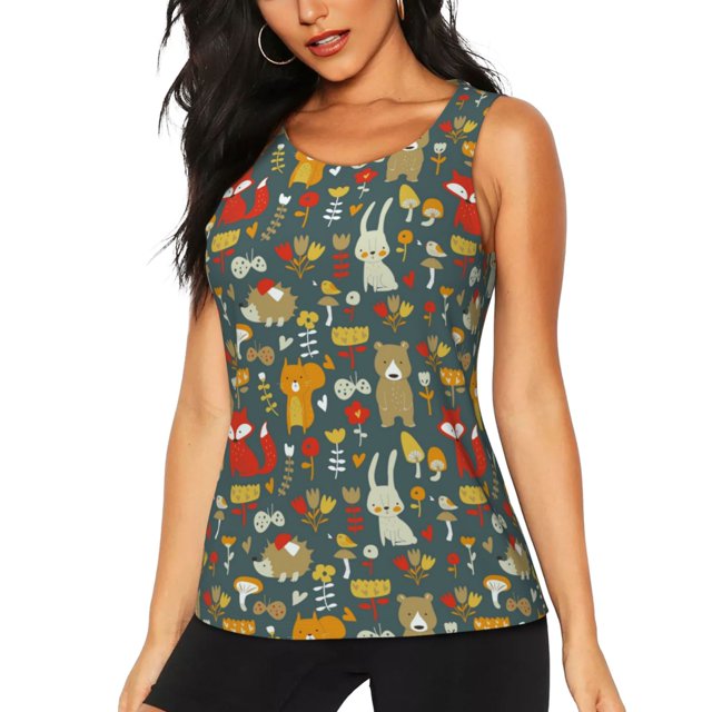 Balery Cute Animal Forest Camiseta sin mangas estampada ligera para mujer, tops de entrenamiento sin mangas, camisetas de yoga transpirables de secado rápido.-Medium