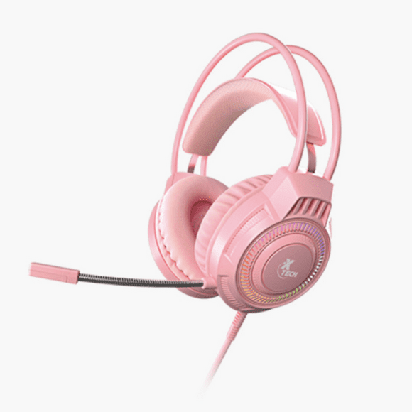 Xtech Gaming Headset Khione 3.5mm TRRS plus USB with Boom Mic Omnidirectional 7 LED Colour Lights with Dual to Single 3.5mm Adapter PC or Console - Pink
