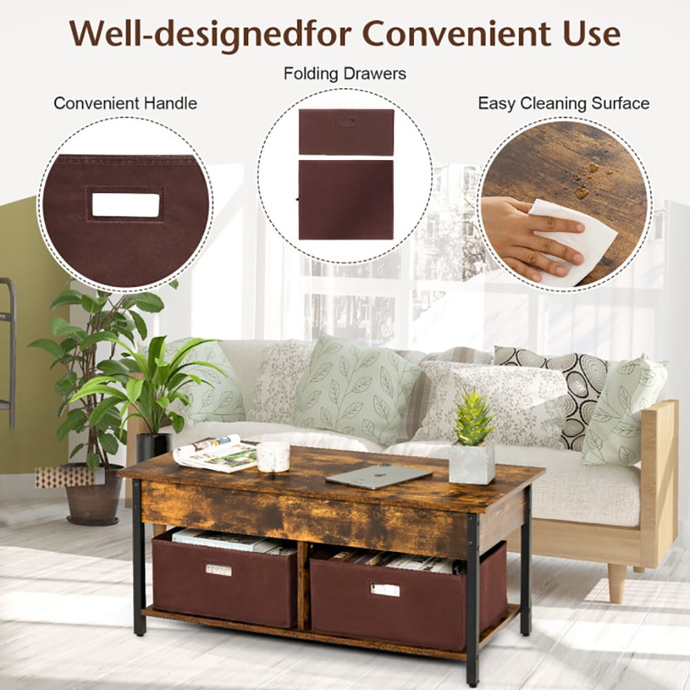 Finihen Rectangular Coffee Table, Lift Top Coffee Table, Central Table with Drawers and Hidden Compartment, for Living Room, Reception Room, Rustic Brown Finihen Rectangular Coffee Table, Lift Top Coffee Table, Central Table with Drawers and Hidden Compartment, for Living Room, Reception Room, Rustic Brown
