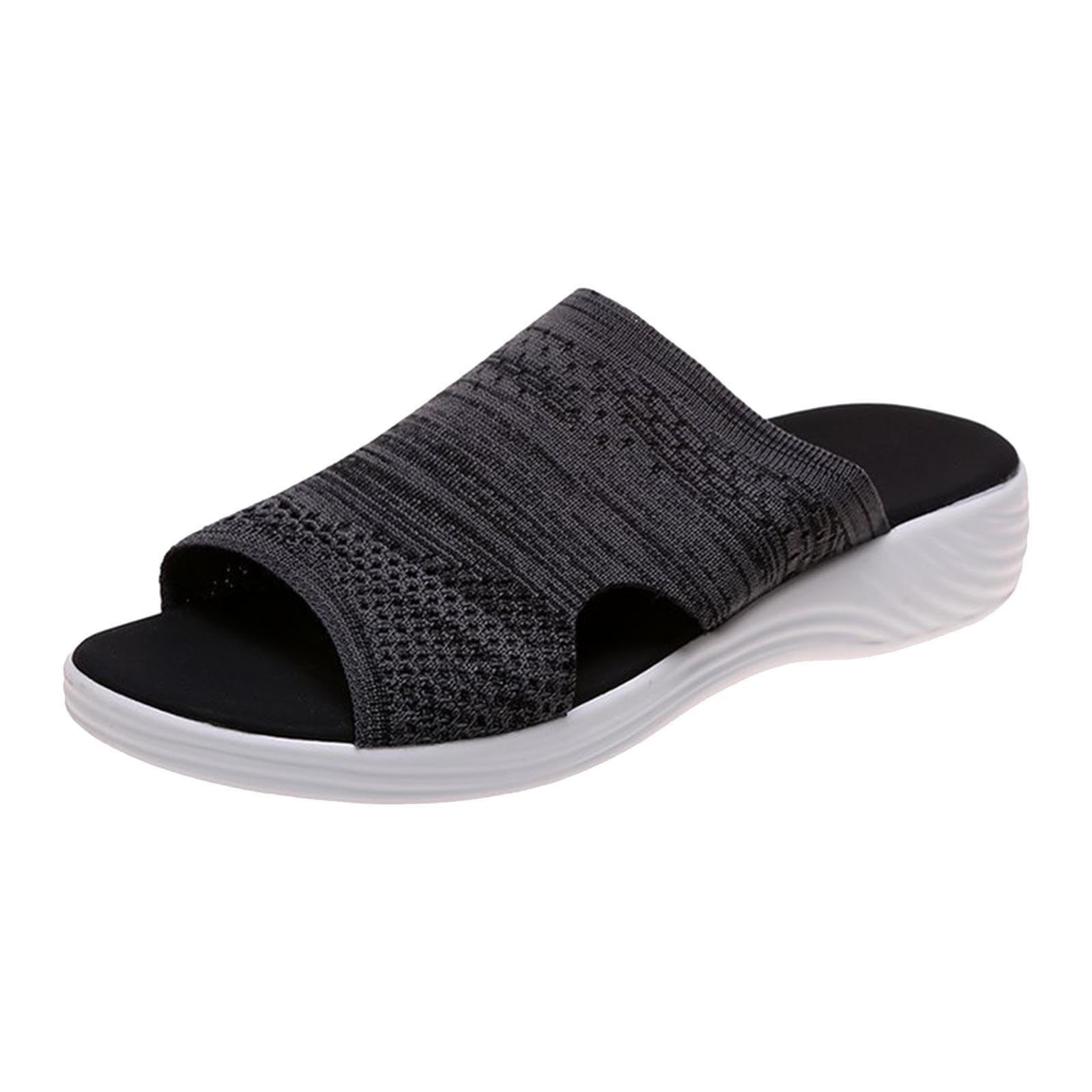 hopeusnice Women s Summer Knitted Sandals Breathable Slip On Slides Open Toe Comfortable Flat Beach Shoes Black 38