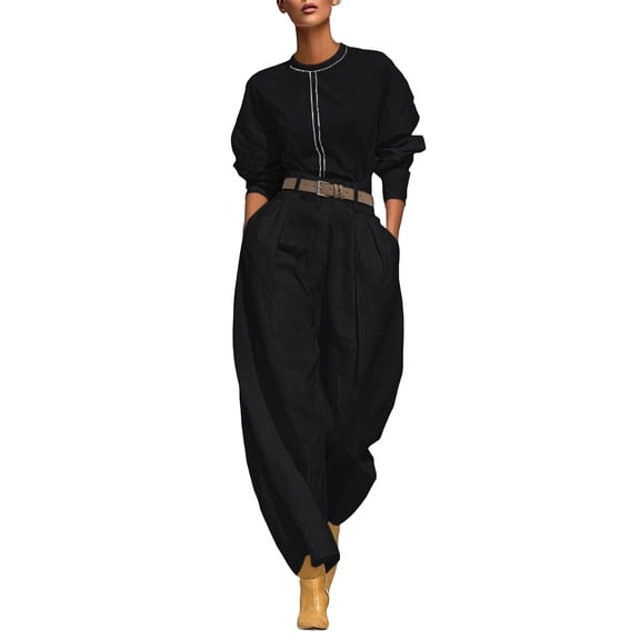 ZToonmas Women's 2 Piece Outfits Solid Long Sleeve Crew Neck Top and High Waist Baggy Pants Set with Belt Casual Fashion Suit