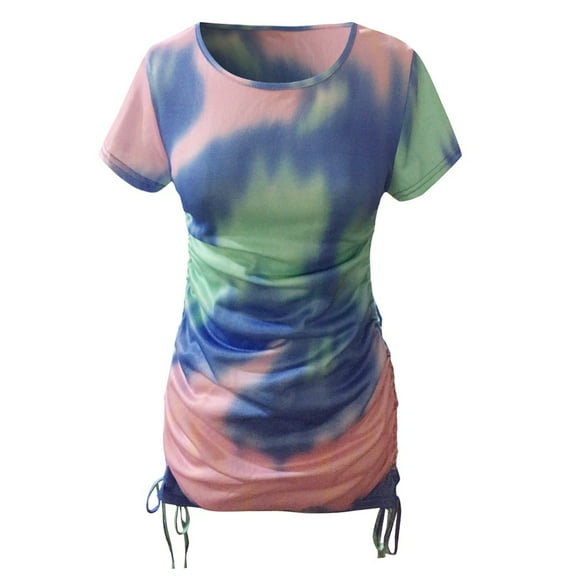 Inkach Women Tie-Dye Round Neck Short Sleeve Mini Dress