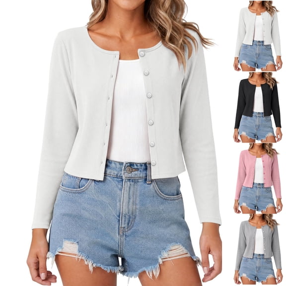SSZMDLB Women's Button Down Cardigan Long Sleeve Open Front Casual Cropped Soft Solid Basic Shirt for Fall Winter, White XL