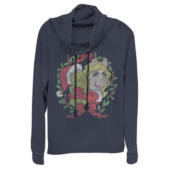 Junior's The Muppets Kermy and Piggy Cowl Neck Sweatshirt Navy Blue 4X Large