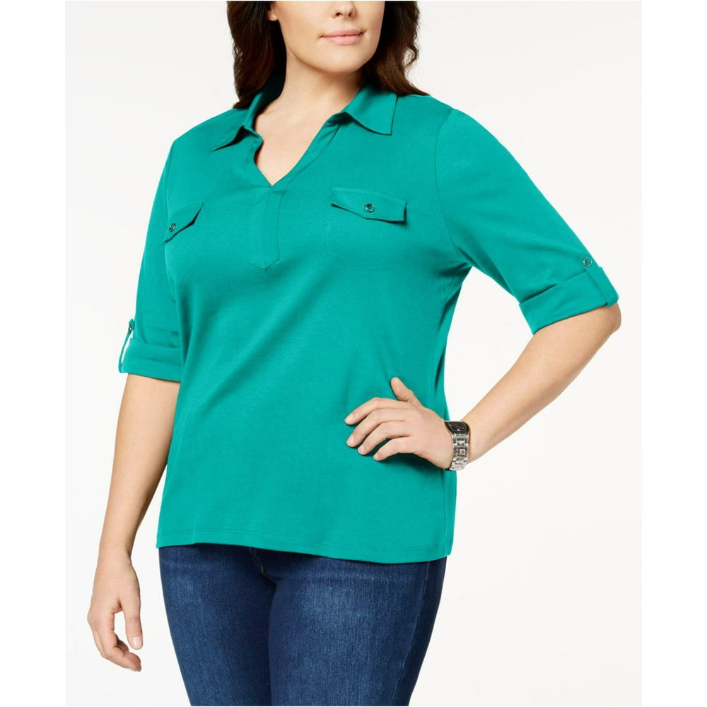 Karen Scott - Karen Scott - Cotton Polo-Collar Top - Plus Size - 3X ...