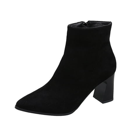 

nsendm Chunky Boots for Women Booties Fashion Women Solid Color Flock Comfortable Square Women High Heel Boots 6.5 Shoes Black 7