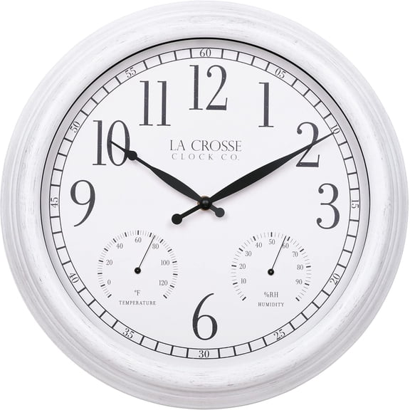 La Crosse Clock 15" Indoor/Outdoor Quartz Payton White Wall Clock with Temp & Humidity, 404-3015CC