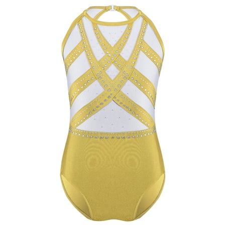 vastwit Kids Girls Gymnastics Leotard Balet Dance Comtues Glittery Rhinestones Sleeveless Bodysuit Yellow 6