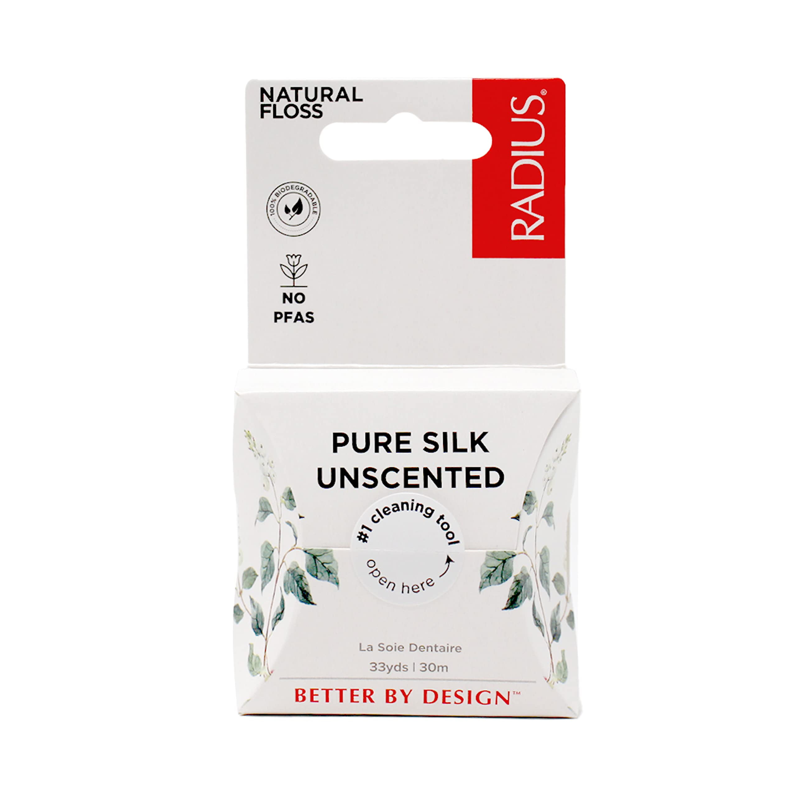RADIUS Natural Unscented Silk JMS2 Dental Floss 33 Yards Compostable Non-Toxic Oral Care & Designed to Help Fight Plaque Clear - Pack of 6