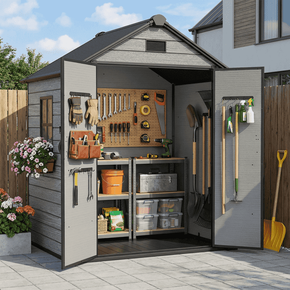 ZYJOYY Resin Outdoor Storage Shed 6' x 4.4', Plastic Storage Shed with Floor & Window for Backyard, Garden Tools, Lawn Mower & Outdoor Storage, Cement Gray
