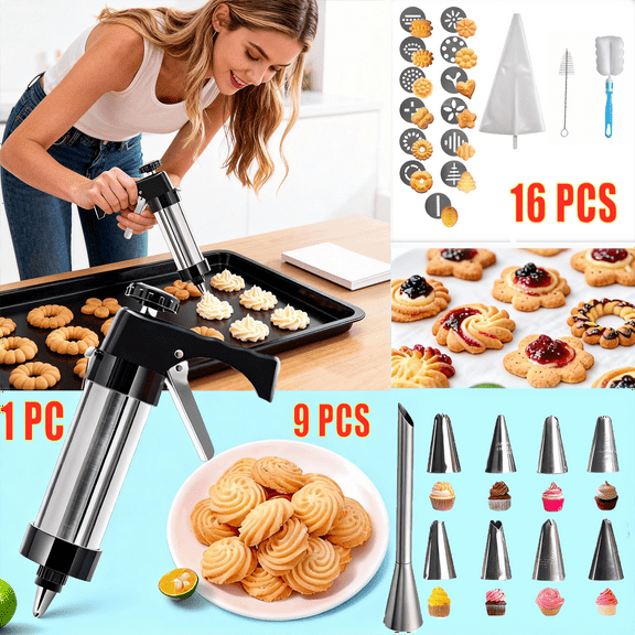Spritz Cookie Press Gun Kit,Butter Cookie Press with 13 Discs & 9 Icing Nozzles for DIY Christmas Cookies and Decorating Cakes,Gifts for Women(Comes with 2 Cleaning Brush)