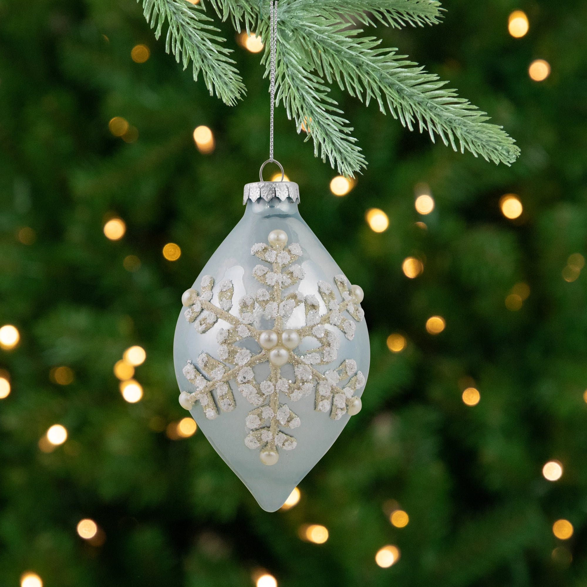 Northlight Set of 2 Shiny Artic Blue Textured Snowflakes Finial Christmas Glass Ornaments 5"