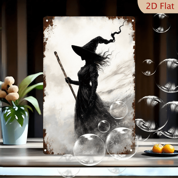Witch Silhouette Wall Art 8x12 Inches, Vintage Horror Halloween Metal Tin Sign, Dark Cloudy Sky with Pointed Hat and Staff, Rustic Monochrome Decor for Home Bar