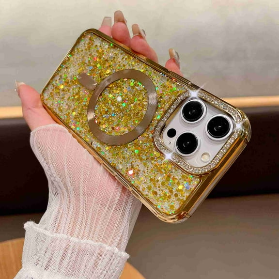 ShellTech for iPhone 16 Case [Compatible with MagSafe] Clear Magnetic Glitter Sparkly Diamond Design with Bling Camera Protection,Shockproof Bumper for 16 Women Girls Cover,Gold