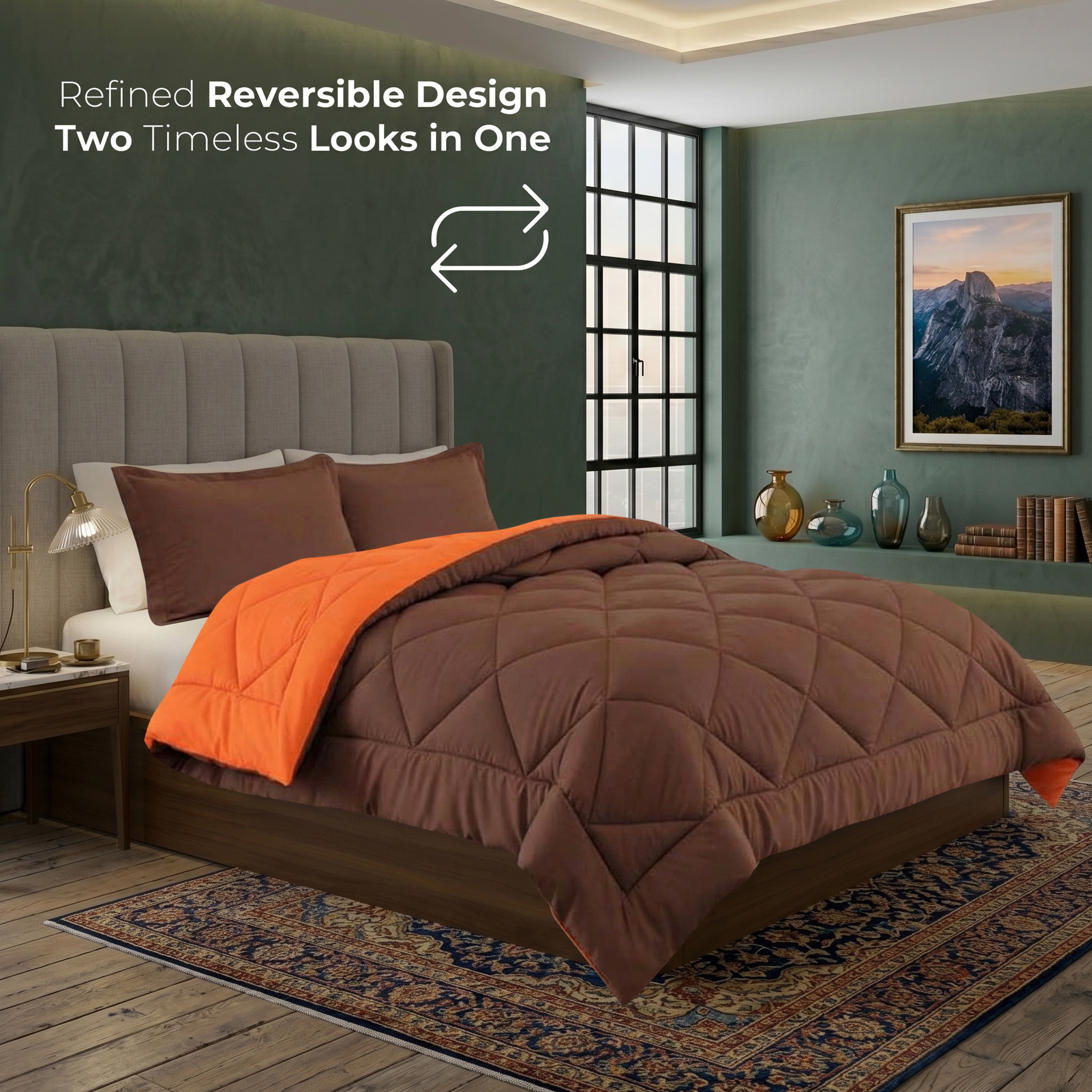 Elegant Comfort Reversible Down Alternative Comforter Set, Soft Microfiber All-Season Bedding, Lightweight Wrinkle & Fade Resistant Comforter, King/Cal King, Orange/Chocolate