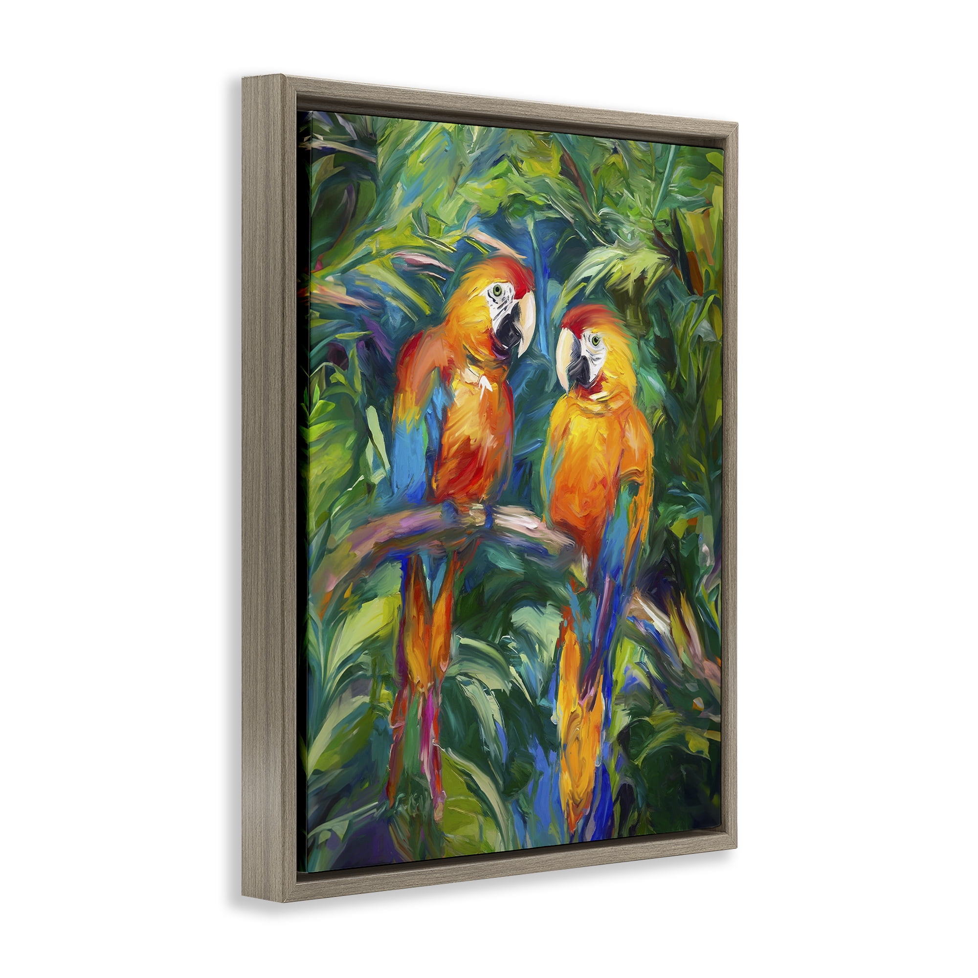 Stupell Industries Rainforest Parrot Branch Animals & Insects Painting Brown Floater Framed Canvas Art Print Wall Art, 25 x 31