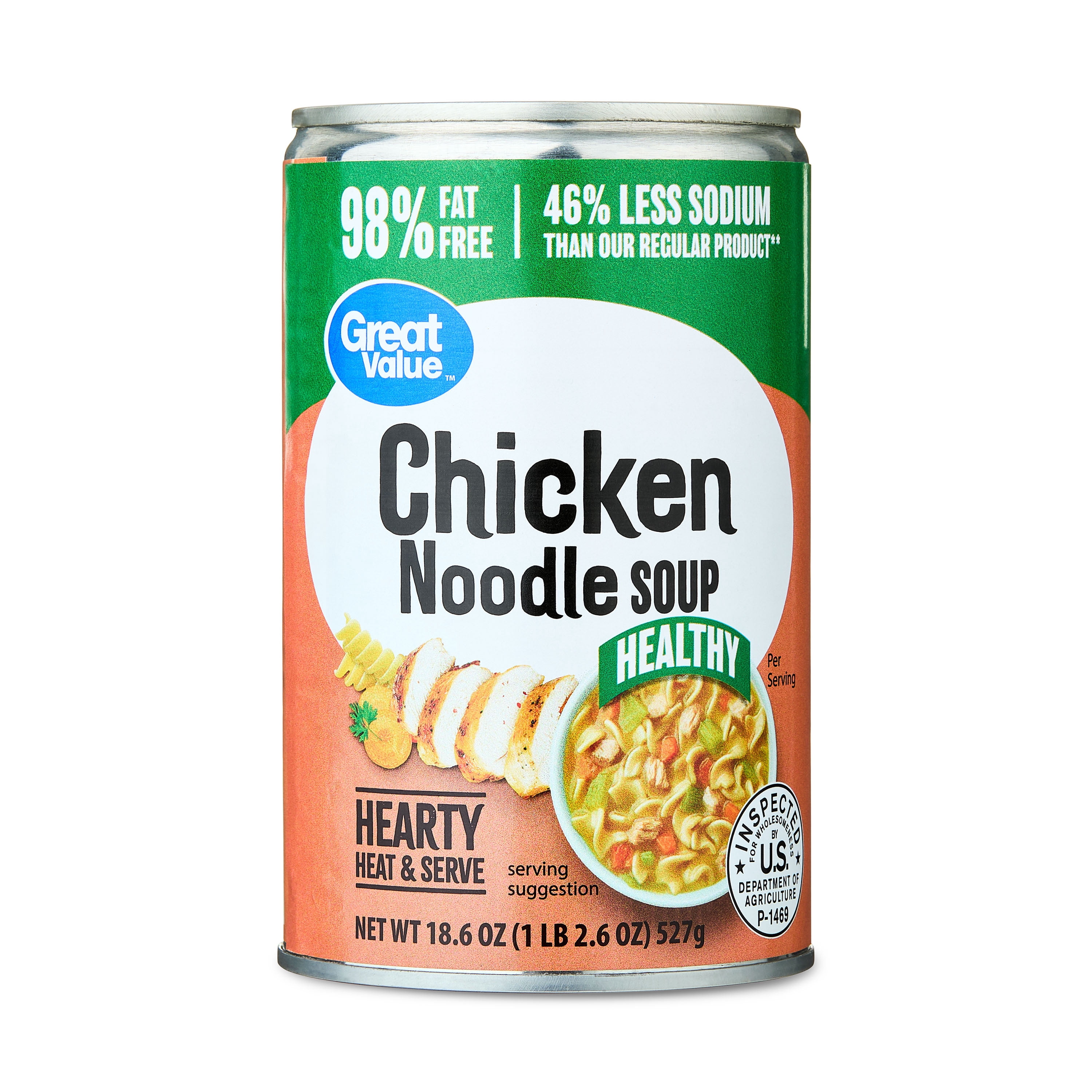 (7 pack) Great Value Heart Healthy 98% Fat Free and 46% Reduced Sodium Chicken Noodle Soup, 18.6 oz Can