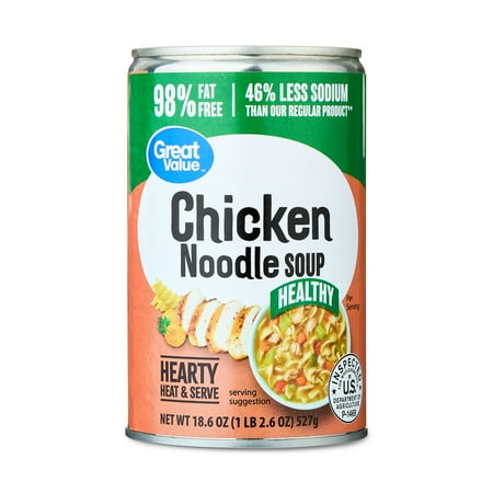 Great Value Heart Healthy 98% Fat Free and 46% Reduced Sodium Chicken Noodle Soup, 18.6 oz Can
