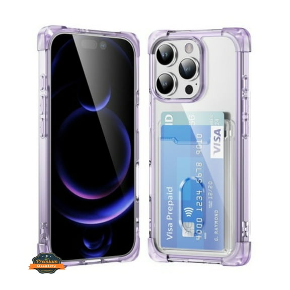 For Apple iPhone 16 Pro (6.3") Wallet Clear Case with Credit Card Holder Rubber Silicone TPU Protection Corner Bumper Shockproof Phone Case Cover by Xpression - Purple