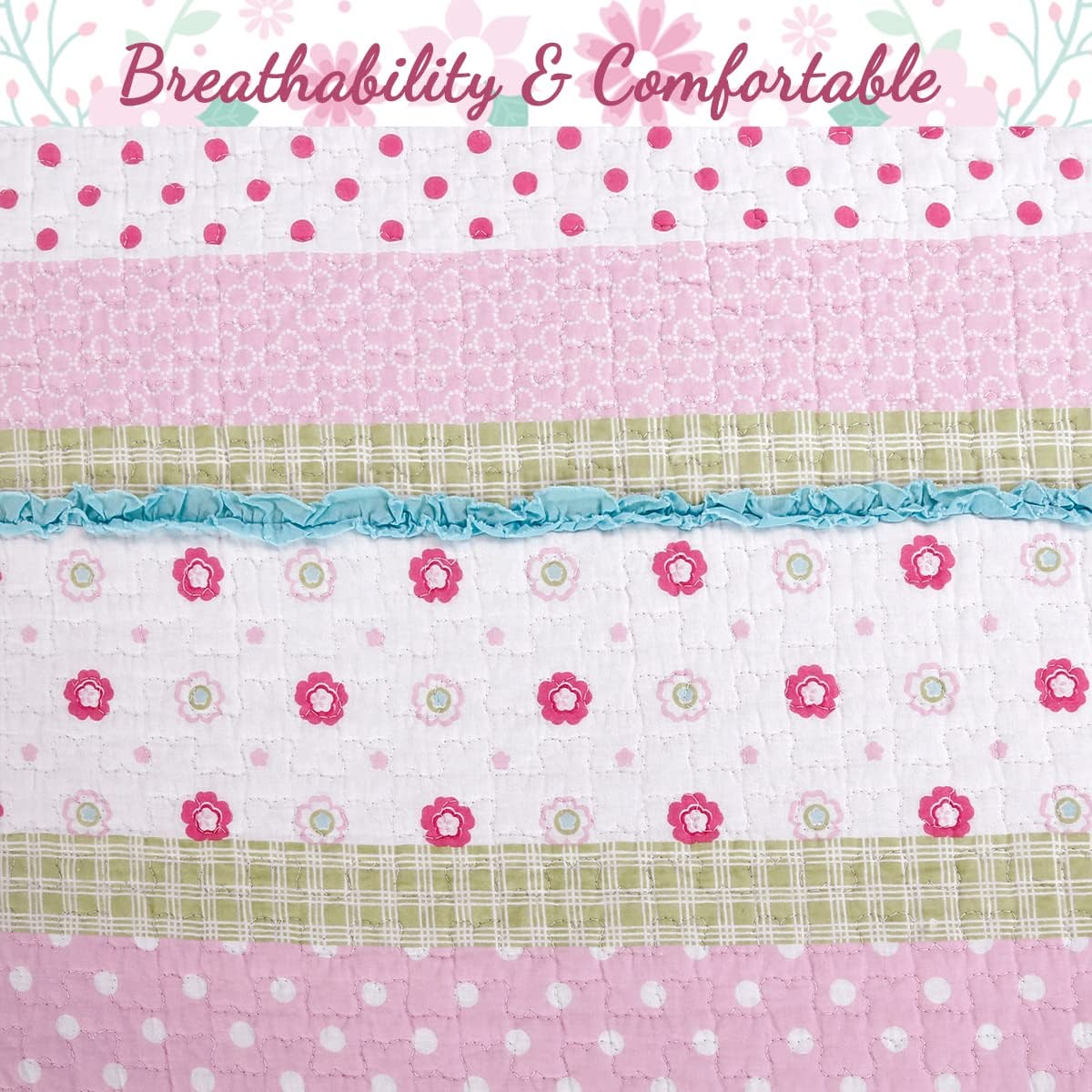 Pink Polka Dot Peace ＆ Love 100% Cotton Reversible Quilt Bedding Set for Kids Girls, Coverlet, Bedspread Flower Pastel, Full Queen-6 Piece:1 Quilt
