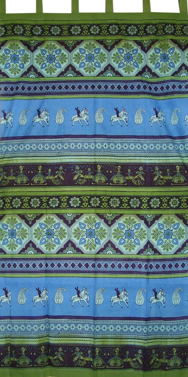 Handmade Rajasthan Floral Block Print Cotton Curtain Drape Panel Blue 46" x 88" 