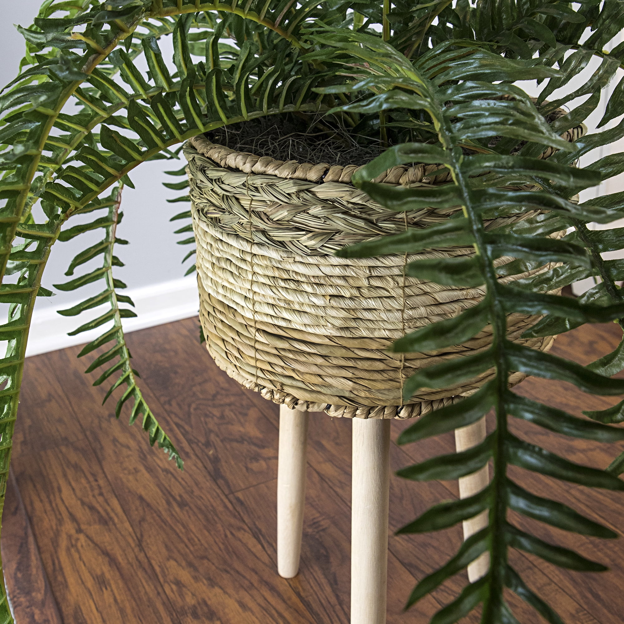 LCG Florals 38" Artificial Trailing River Fern in Tri-Color Tripod Basket Stand