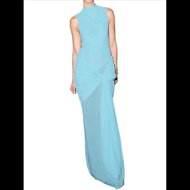 Vestido Ajustado de Corte A con Cuello Alto, Sin Mangas y Color Liso para Mujer Azul S