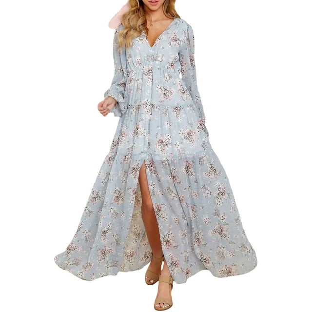 Diconna Femmes Imprimé Floral Longue Robe Volantée Manches Longues V-Cou Fente une Ligne Robe Fluide pour la Plage, Fête