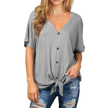 Womens Knit Tunic Blouse Tie Knot Short Sleeve Henley Tops Loose Fitting Bat Wing (Best Loose Fitting T Shirts)