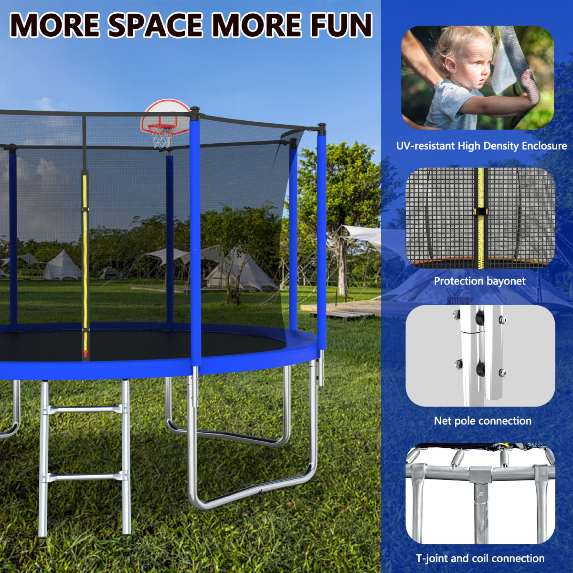 12FT Trampoline for Kids & Adults - Basketball Hoop with Ball, Recreational Trampoline with Safety Enclosure for Backyard Outdoor,Blue