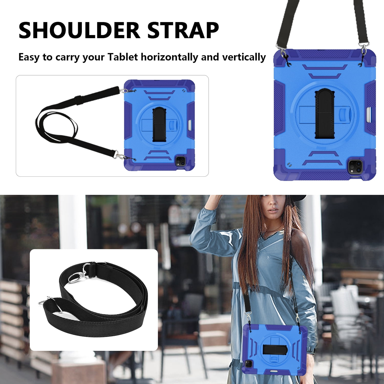 Shockproof Case for Apple iPad Pro 11 Inch 2022/2021/2020/2019/ iPad Air 5th 4th Gen, with Pencil Holder Military Grade Protection Rotating Stand Hand Strap Shoulder Strap Bumper Rugged Case, Blue