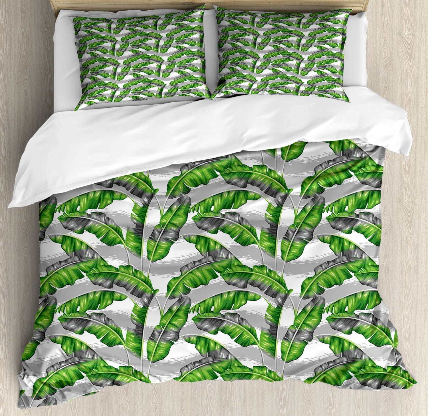 Banana Leaf King Size Duvet Cover Set Banana Leaves Color Digital Paintbrush Effect Exotic Boho Design Decorative 3 Piece Bedding Set With 2 Pillow Shams Light Grey Hunter Green By Ambesonne