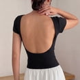thumbnail image 6 of Women's U-Shaped Backless Short-Sleeve Tops Solid Color Boat Neck Base T-Shirt Bodycon Casual Tees Yoga Workout Tops Black, 6 of 7