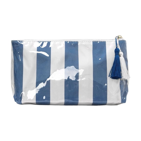 Lightweight Versatile Waterproof Striped Pvc Cosmetic Bag Makeup Pouch with Tassel Zipper Toiletry Organizer for Travel, Gym, Daily Use Compact