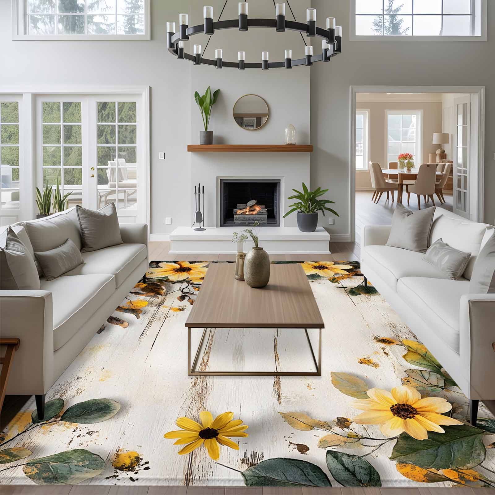 Yellow Floral Spring Area Rugs 6x9 for Living Room, Summer Rustic Botanical Vintage Wood Non Slip Washable Rug Runner, Low Pile Indoor Floor Carpet Mat Bathroom Rugs for Bedroom, Kids Room