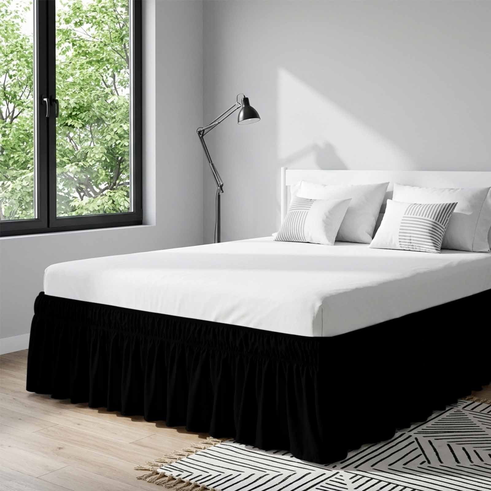 Bed Skirt Black Adjustable Elastic Wrap-Around Dust Ruffle with Solid Color 16 Inch Drop, Bed Frame Cover for King Size Bed