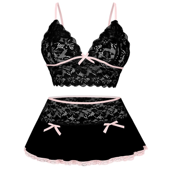 Ausing Womens Lingerie Set Floral Lace Bra Mini Skirt Mesh Bow Babydoll High Waist Outfits 2 Piece Black XL for Valentine's Day Birthday Gifts