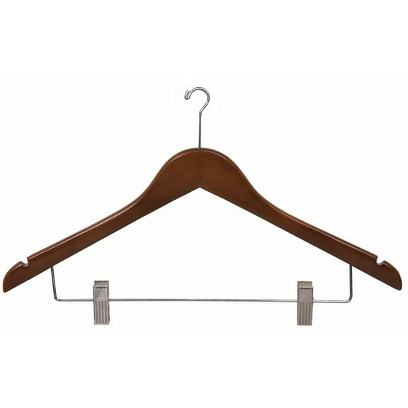 International Hanger Wooden Combo Security Hanger with Mini Hook, Walnut Finish with Chrome Hardware, Box of 100