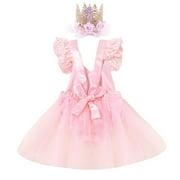 IBTOM CASTLE Baby Girl 1st Birthday Outfit Lace Tulle Romper Princess Tutu Dress Headband Shiny ONE Cake Smash Photo Shoot Clothes 12-18 Months Pink